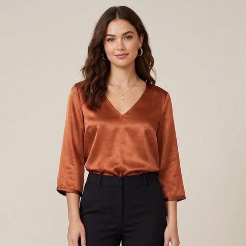 Michael Stars Sateen Relaxed Brown 3/4 Sleeve Blouse
